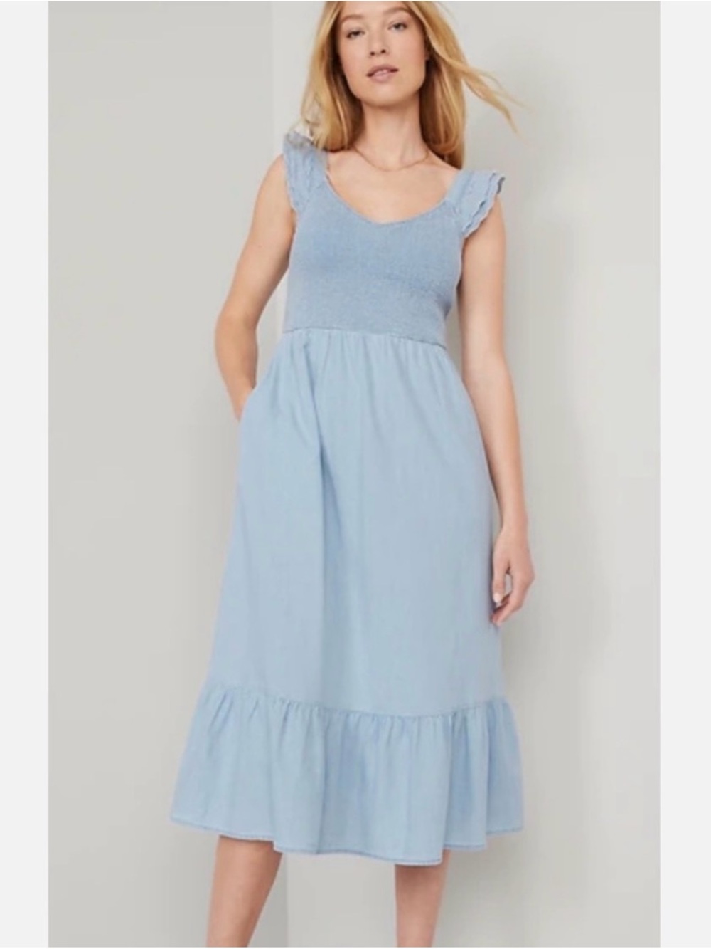 Old Navy Light Blue Smocked Midi Dress with Ruffle Straps